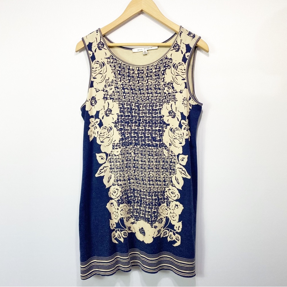 Max Studio-Dar Blue and Bone Floral Sleeveless A line Mini dress SM